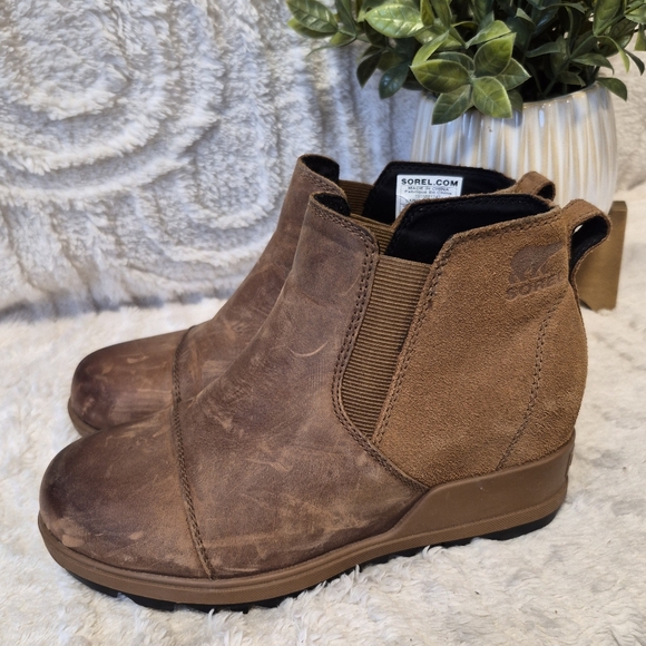 Sorel Evie Wedge Bootie Pull On Ankle Boot Tan Leather Waterproof Size 6.5 - Picture 3 of 9